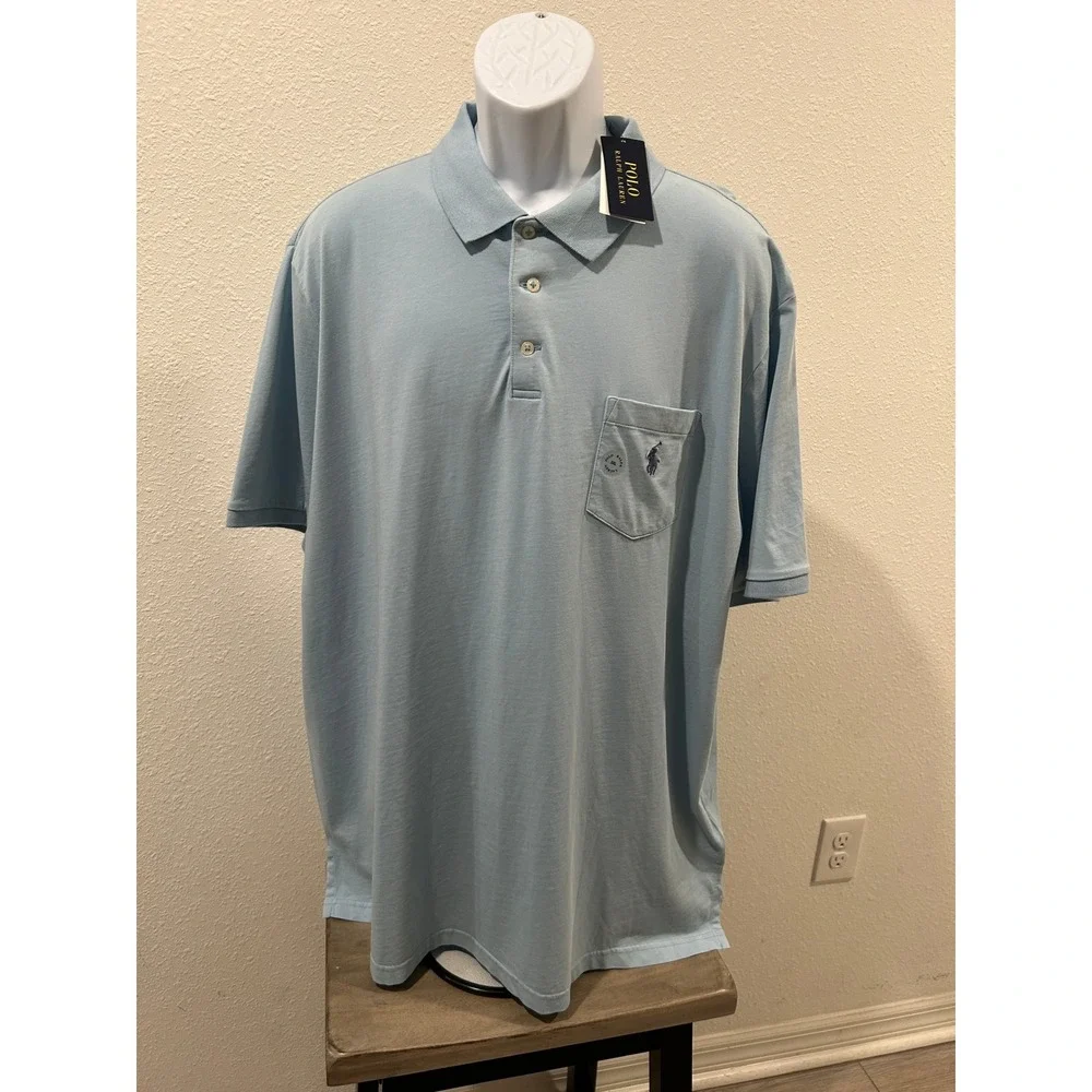 Polo Ralph Lauren Mens XXL Light Blue Classic Fit Pocket Polo Shirt Embroidered